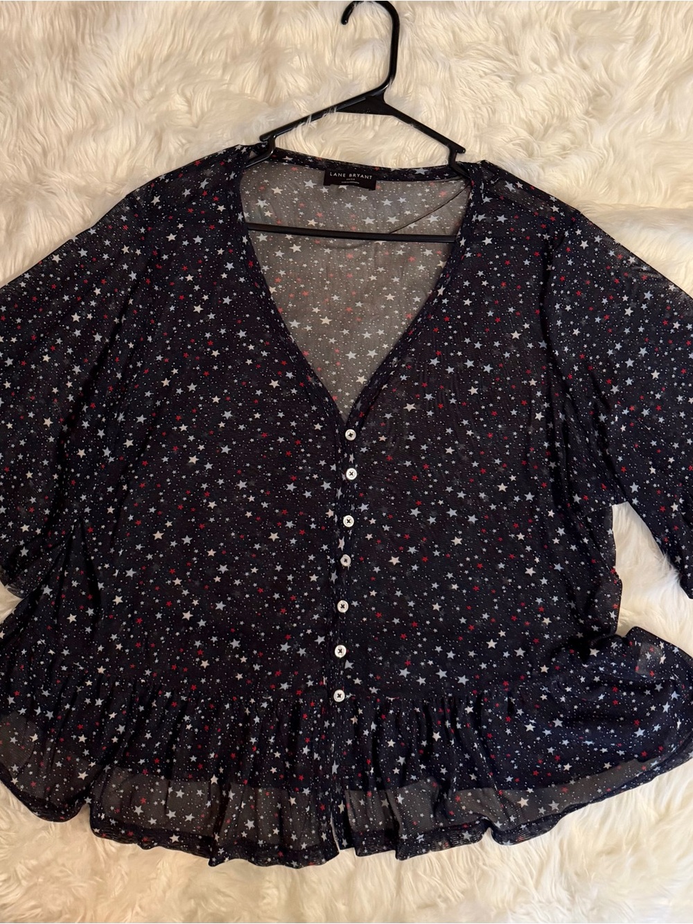 Lane Bryant Navy Star-Print V-Neck Button Peplum Blouse